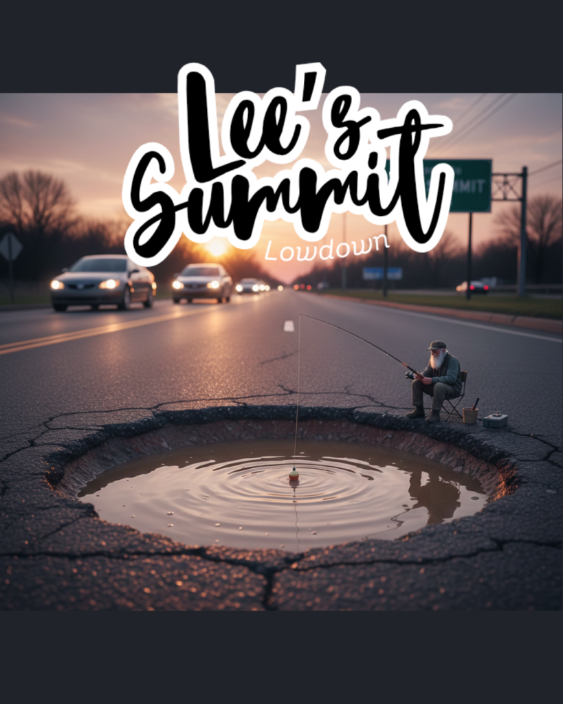 Funny illustration of a man fishing in a deep pothole on a Lee's Summit Missouri road; Lee's Summit road repair and MoDOT pothole claim guide.